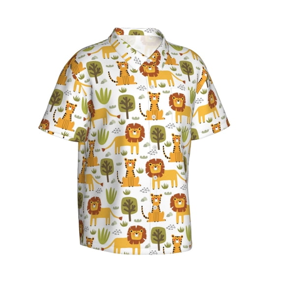 Picia Tiger Lion Gentle Cotton Regular Fit Short Sleeve Casual Hawaiian Shirt for Men-Large