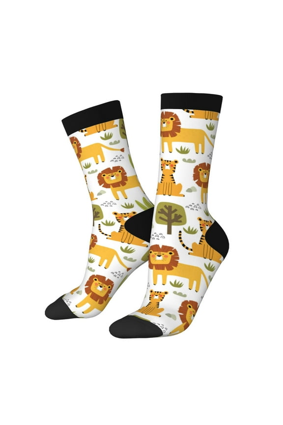 Tiger Lion Print Athletic Socks for Men & Women – Cushioned Moisture-Wicking Crew Socks for Sports, Running, and Training, Soft & Breathable Size 5-11