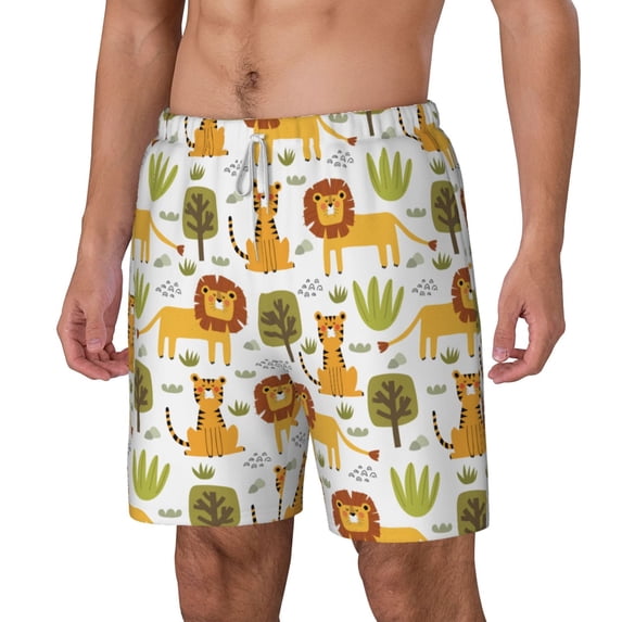 Picia Tiger Lion pattern Mens Swim Trunks with Compression Liner Stretch Beach Shorts Quick Dry with Zipper Pockets No-Chafing Board Shorts-X-Large