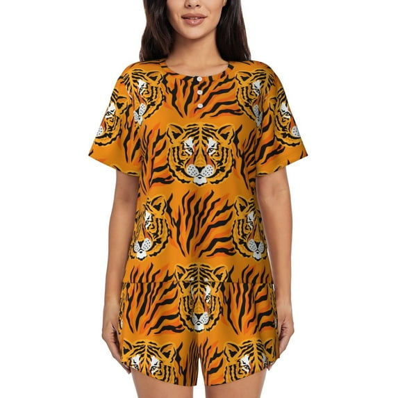 Picia Tiger Pajamas Sets for Women Soft Short-Sleeved Pjs with Lounge Shorts Two Piece Sleepwear-X-Large