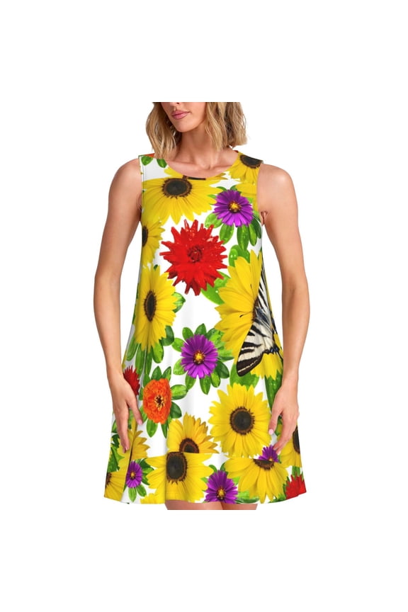 Tiger Swallowtail On Flowers Print Women’s Sleeveless Midi Swing Dress – A-Line Pleated Tank Sundress, Comfortable and Flowy T-Shirt Dress