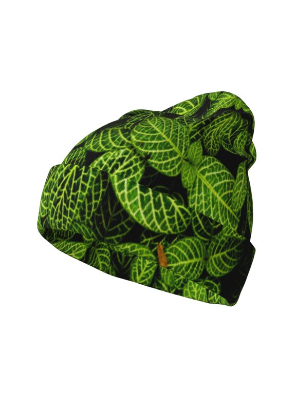 Tiny Green Fern Leaves Pattern Knitted Beanie Hat for Men and Women , Unisex Winter Warm Stretchy Knit Cap Thick Fisherman Beanies Cuffed Plain Skull Caps