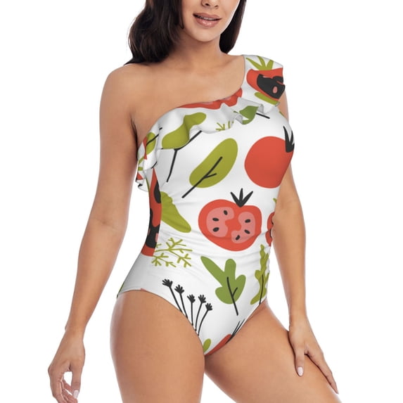 Picia Tomatoes Pattern Women's One Piece Swimsuits,One Shoulder Swimwear Asymmetric ,Ruffle Monokinis Bathing Suits,High Waisted Flattering Bathing Suits-XX-Large
