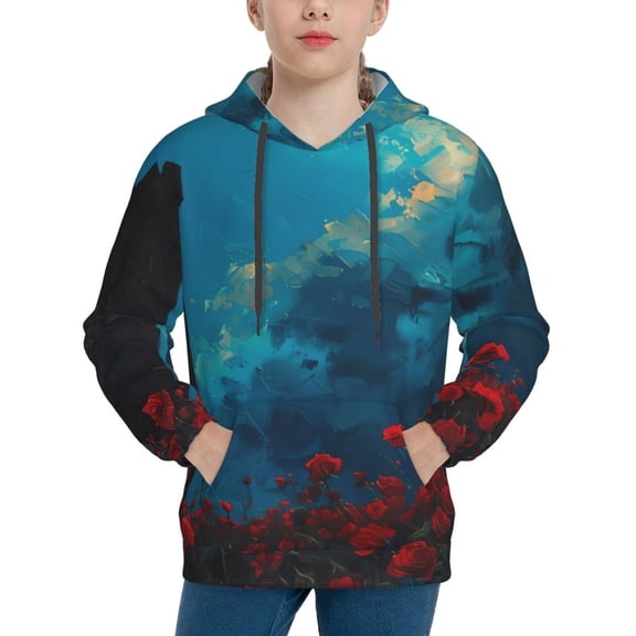 Picia Tower And Red Roses Pattern Youth Hoodie - Warm Pullover Sweatshirt with Kangaroo Pocket, Ideal for Boys and Girls-Medium