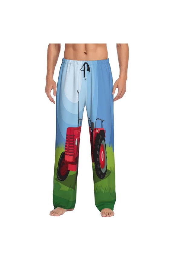 Tractor on farming land Pattern Mens Soft Woven Cotton Elastic Waistband Sleep Pajama Pant Lounge Sleep Pant With Pockets And Drawstring-Small