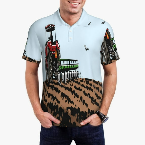 Picia Tractor plowing a field Print Men's Polo Shirt, Two-Button Closure Pique Polo Shirt, Summer Fashion Golf Shirt-4X-Large