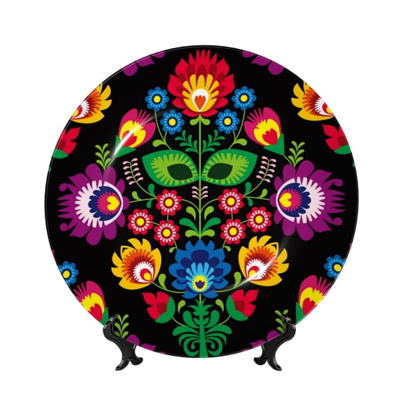 Picia Traditional Floral Polish Pattern Bone China Decorative Plate – Wall Decor with Stand and Adhesive, Elegant Ornament for Living Room, Office, or Entryway-7in