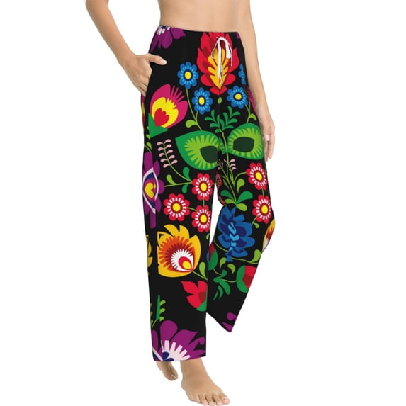 Picia Traditional Floral Polish Womens Soft Woven Cotton Elastic Waistband Sleep Pajama Pant Lounge Sleep Pant With Pockets And Drawstring-Medium