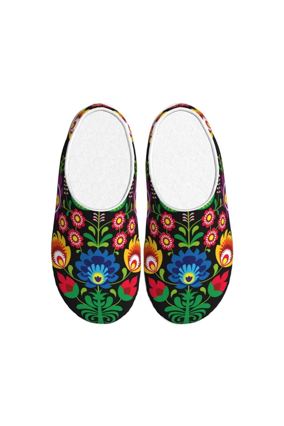 Traditional Floral Polish for Women's Lamb-hug Comfy Fleece House Slippers Memory Foam, Slip-on House Shoes Indoor Outdoor-39/40