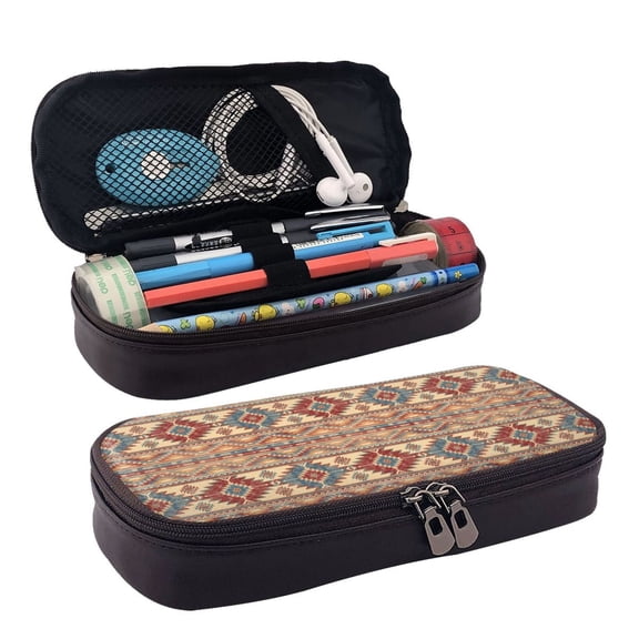 Picia Traditional Tribal Aztec Pattern Large Capacity PU Leather Pencil Case Organizer Pen Marker Holder Double Zipper Storage Bag Big Pencil Pouch for College Office