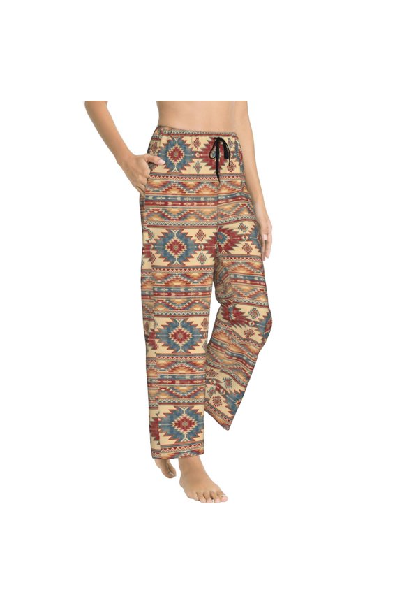 Traditional Tribal Aztec Womens Soft Woven Cotton Elastic Waistband Sleep Pajama Pant Lounge Sleep Pant With Pockets And Drawstring-Small