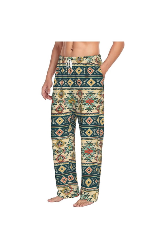 Traditional Tribal Aztec1 Mens Soft Woven Cotton Elastic Waistband Sleep Pajama Pant Lounge Sleep Pant With Pockets And Drawstring-Large