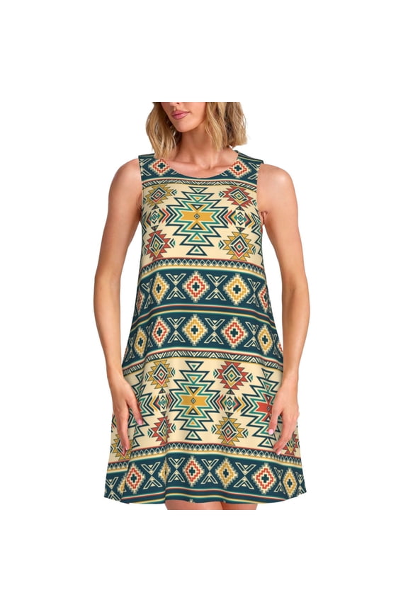 Traditional Tribal Aztec1 Print Women’s Sleeveless Midi Swing Dress – A-Line Pleated Tank Sundress, Comfortable and Flowy T-Shirt Dress
