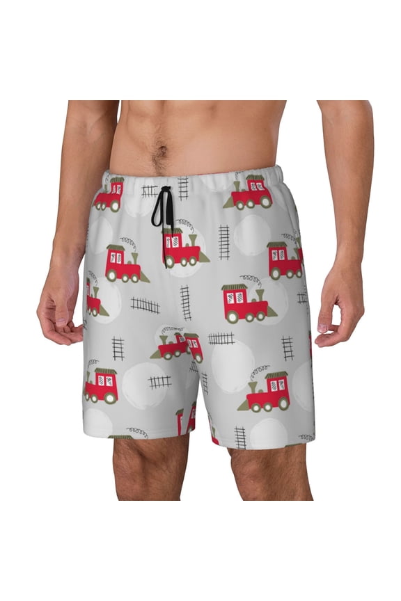 Trains pattern Mens Swim Trunks with Compression Liner Stretch Beach Shorts Quick Dry with Zipper Pockets No-Chafing Board Shorts-Large