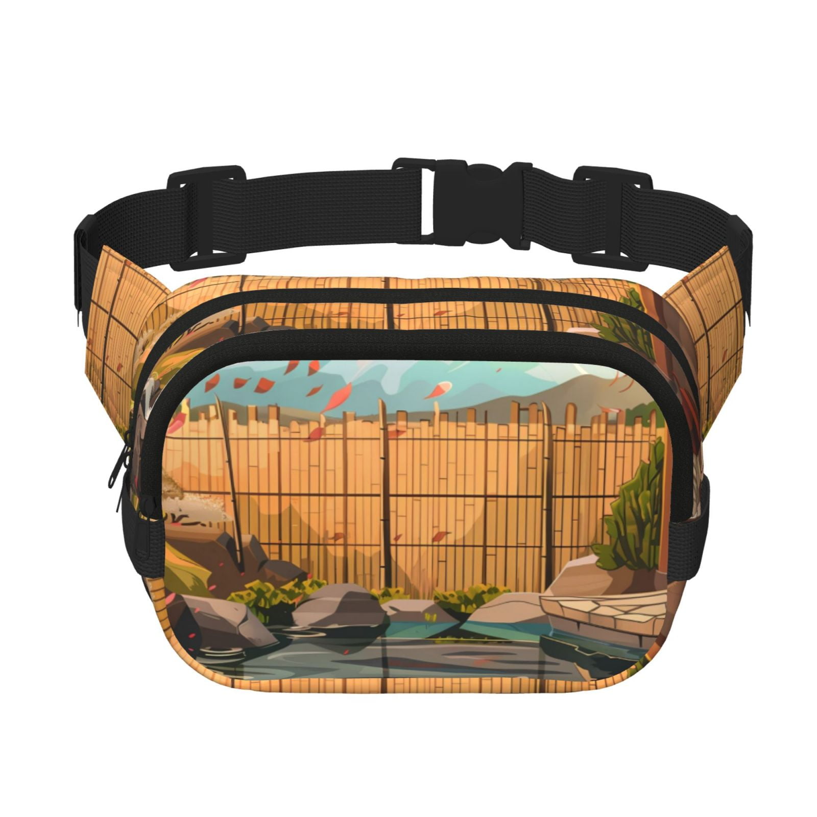 Picia Tranquil Garden Landscape Print Square Double-Layer Waist Bag Mini Adjustable Waist Belt Bag Exercise Running Travel Hiking
