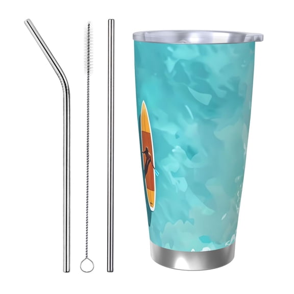 Picia Tranquil Ocean Canoe Journey Pattern 20 oz Tumbler Stainless Steel Vacuum Insulated Coffee Ice Cup Double Wall Travel Flask Dual Lid Water Bottle, Eco-friendly Car Cup-Straw Three-piece Set