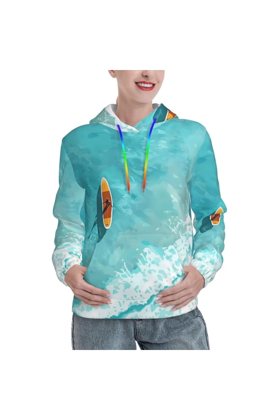 Tranquil Ocean Canoe Journey Pattern Casual Women's Hoodie, Hooded Sweatshirt with Kangaroo Pocket, Comfortable Pullover with Eye-catching Drawstrings-