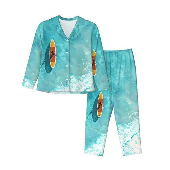 Picia Tranquil Ocean Canoe Journey Pattern Women’s Long-Sleeve Sleepwear Set - Soft 2-Piece Loungewear with Pockets, Comfy PJs for Relaxing Nights-
