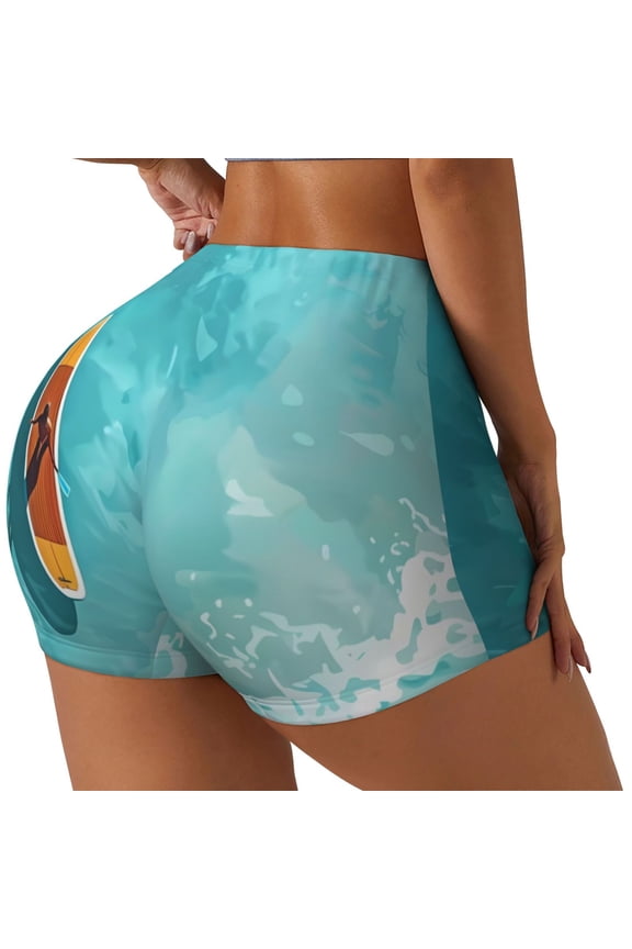 Tranquil Ocean Canoe Journey Printed Workout Shorts for Women Seamless Scrunch Butt Lifting High Waisted Yoga Gym Booty Running Moisture-wicking Short Pants-Medium