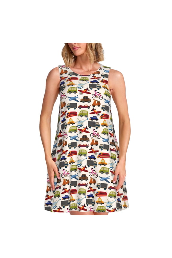Transport Print Women’s Sleeveless Midi Swing Dress – A-Line Pleated Tank Sundress, Comfortable and Flowy T-Shirt Dress