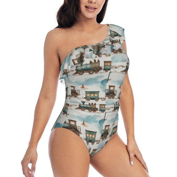 Picia Transport Train Pattern Women's One Piece Swimsuits,One Shoulder Swimwear Asymmetric ,Ruffle Monokinis Bathing Suits,High Waisted Flattering Bathing Suits-Large