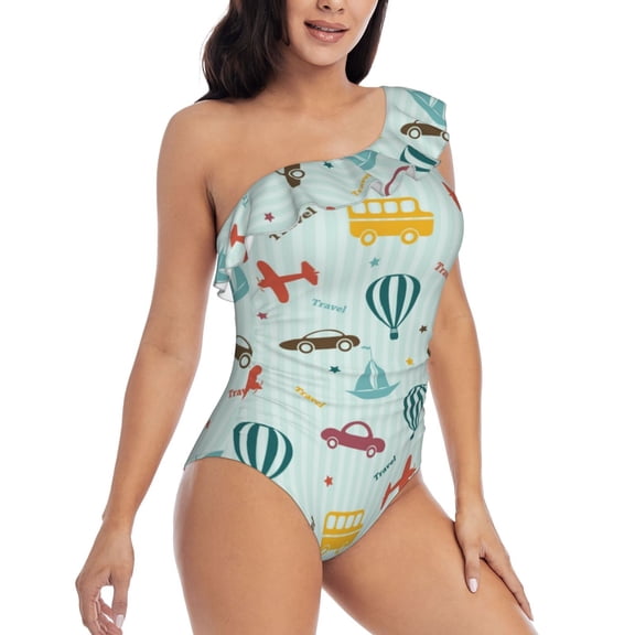 Picia Transport Travel Pattern Women's One Piece Swimsuits,One Shoulder Swimwear Asymmetric ,Ruffle Monokinis Bathing Suits,High Waisted Flattering Bathing Suits-XX-Large