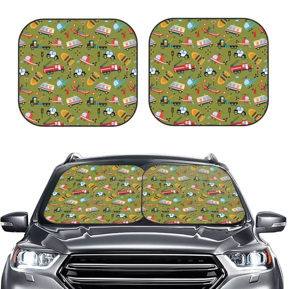 Picia Transportation Prints 2 Piece Car Windshield Sun Shade Foldable | Foldable Sun Shield for Front Window Blocks UV Rays and Keeps Your Vehicle Cool-Large