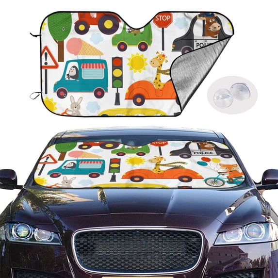 Picia Transports with Animals Curved Windshield Sunshade Accordion Folding Style Auto Shade for Car Truck SUV Van Blocks UV Ray Sun Visor Protector -Medium