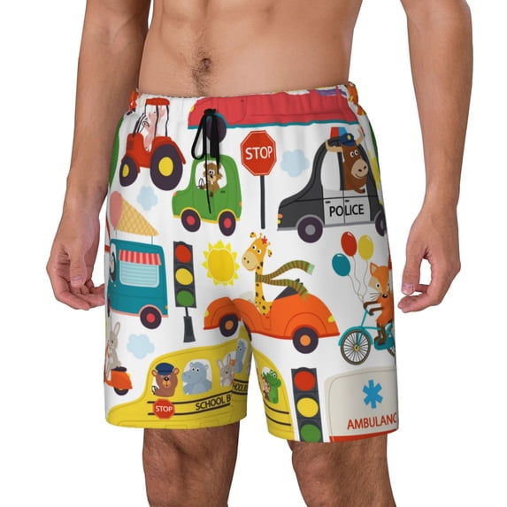 Picia Transports with Animals pattern Mens Swim Trunks with Compression Liner Stretch Beach Shorts Quick Dry with Zipper Pockets No-Chafing Board Shorts-X-Large