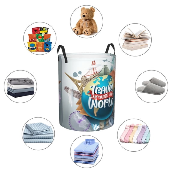 Picia Travel Around The World Large Laundry Basket, Waterproof, Freestanding Laundry Hamper, Collapsible Tall Clothes Hamper with Extended Handles-Medium