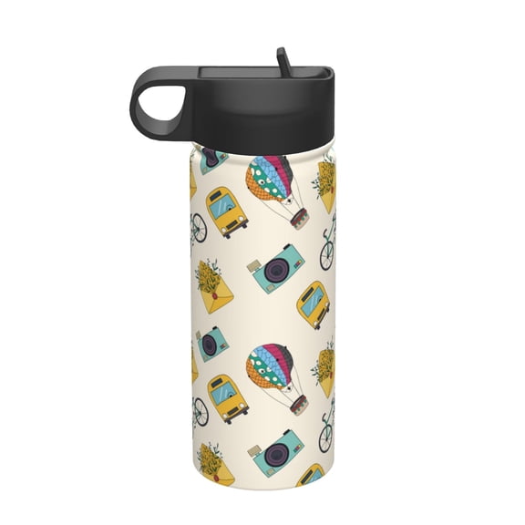 Picia Travel Elements Pattern 18oz Sports Insulated Kettle With Straw Insulated Water Bottle For Running Hiking Cycling Climbing Men'S Woman Insulated Water Bottle