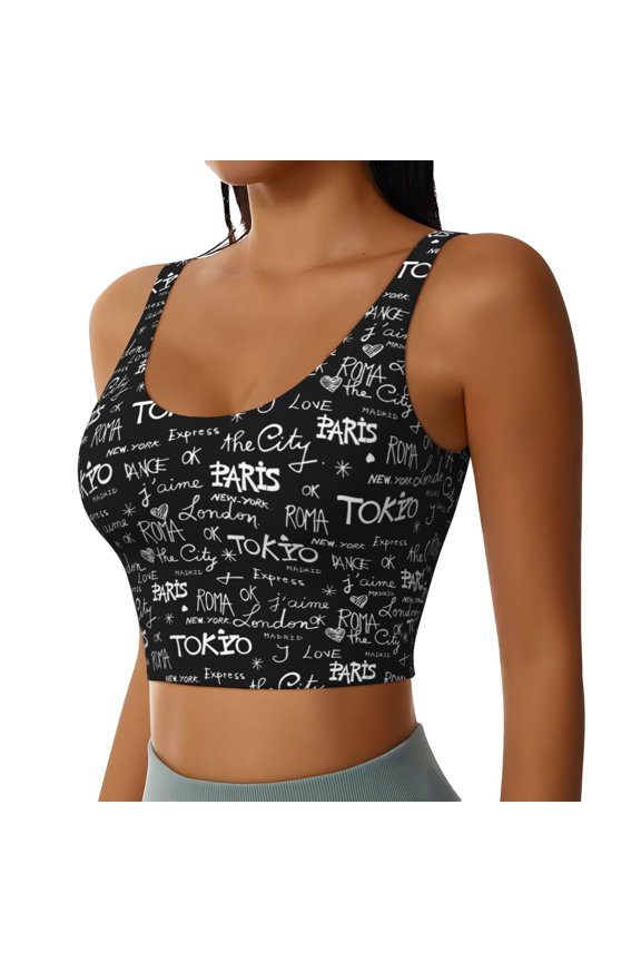 Travel The World Sports Bra for Women,Padded Strappy Sports Bras Medium Support Yoga Bra with Removable Cups,Running Yoga Bra-