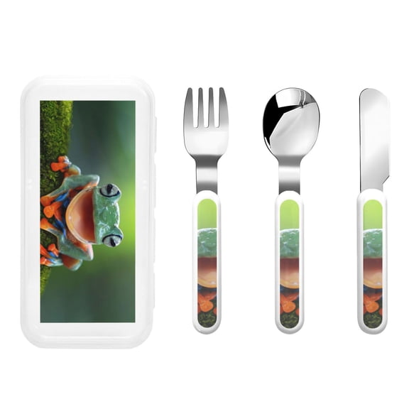 Picia Tree Frog Print Children's Knife, Fork And Spoon Set - Kids Knife Fork Spoon - Stainless Steel Kids Silverware Set - Metal Kids Cutlery Set