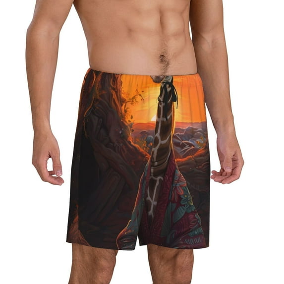 Picia Tree Hollow Meditating Giraffe Pajama Shorts for Men, Men's Pajama Bottoms, Sleepwear,Short Pajama Pants-Medium