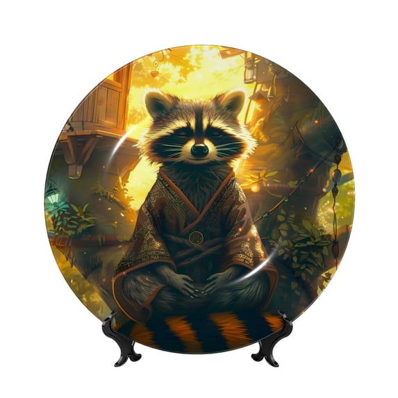 Picia Tree Meditating Raccoon Pattern Bone China Decorative Plate – Wall Decor with Stand and Adhesive, Elegant Ornament for Living Room, Office, or Entryway-10in
