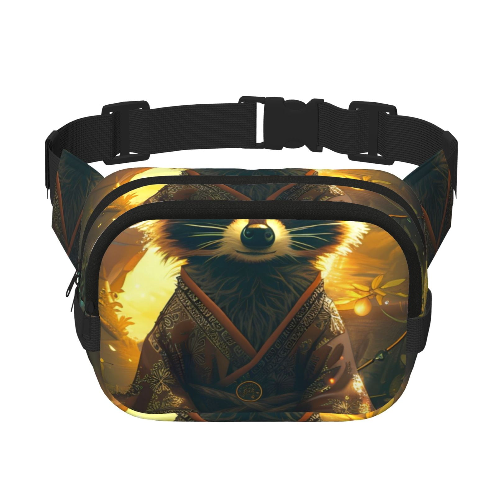 Picia Tree Meditating Raccoon Print Square Double-Layer Waist Bag Mini Adjustable Waist Belt Bag Exercise Running Travel Hiking