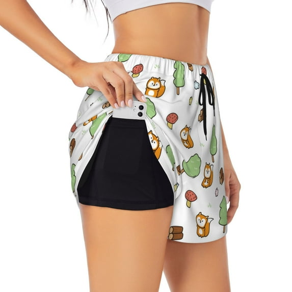 Picia Tree Squirrel Pattern Women's 2 in 1 Athletic Running Shorts High Waisted Workout Casual Gym Sweat Shorts with Comfy Liner Zipper Pockets-Large