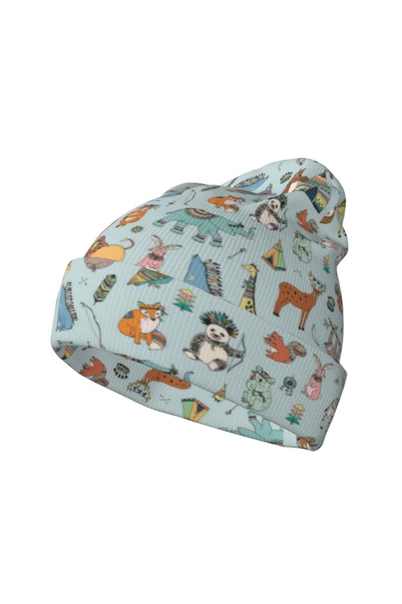 Tribal Animals Pattern Knitted Beanie Hat for Men and Women , Unisex Winter Warm Stretchy Knit Cap Thick Fisherman Beanies Cuffed Plain Skull Caps