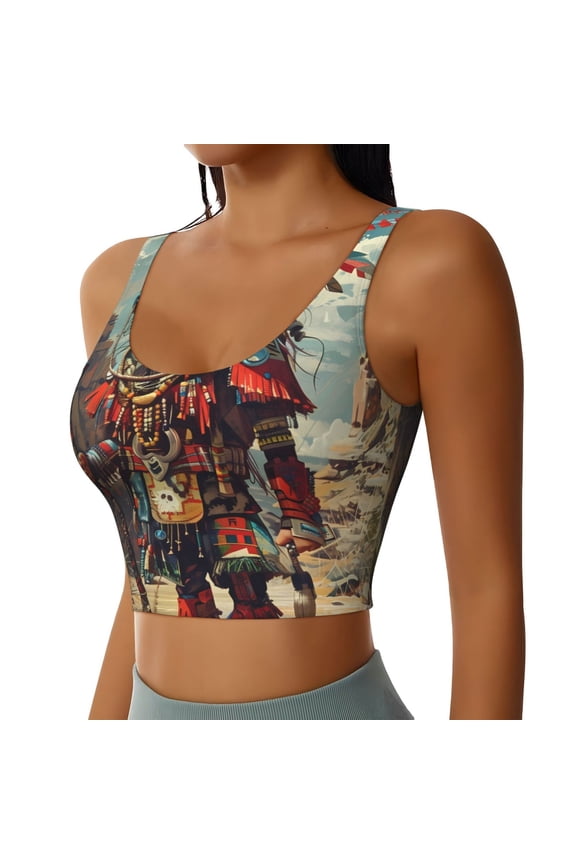 Tribal Futuristic Warrior Sports Bra for Women,Padded Strappy Sports Bras Medium Support Yoga Bra with Removable Cups,Running Yoga Bra-Large