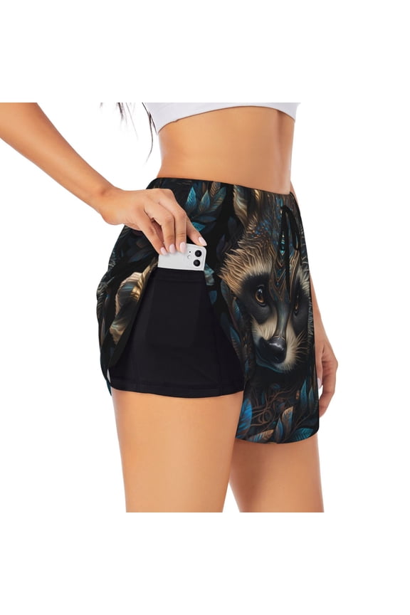 Tribal Style Raccoon Pattern Women's 2 in 1 Athletic Running Shorts High Waisted Workout Casual Gym Sweat Shorts with Comfy Liner Zipper Pockets-Large