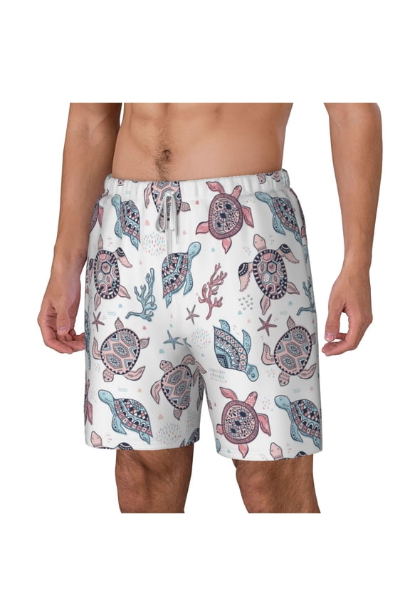 Tribal Style Turtle pattern Mens Swim Trunks with Compression Liner Stretch Beach Shorts Quick Dry with Zipper Pockets No-Chafing Board Shorts-Large
