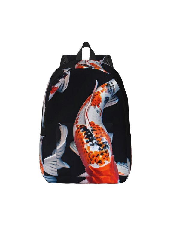 Tricolor Koi Fish Trio Printed Canvas Daypack - Stylish and Durable Vintage Compact Backpack - Class, Work, Travel, or Laptop Bookbag,Organized Compartments-Medium