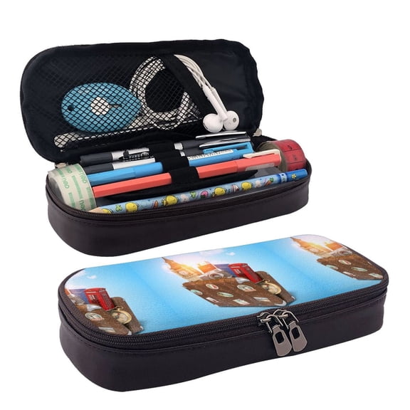 Picia Trip to London Pattern Large Capacity PU Leather Pencil Case Organizer Pen Marker Holder Double Zipper Storage Bag Big Pencil Pouch for College Office