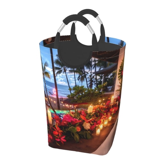 Picia Tropical Beach Candlelight Laundry Basket With Handles Laundry Hamper Toys Storage Organizer Foldable Bucket Washing Bin Dirty Clothes Bag For Home Bathroom Bedroom Dorm