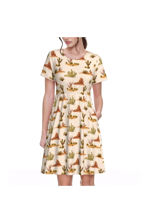 Tropical Desert Pattern Women's Short Sleeve Summer Dress Pleated Loose Swing Knee Length Short Sleeve Swing Dresses