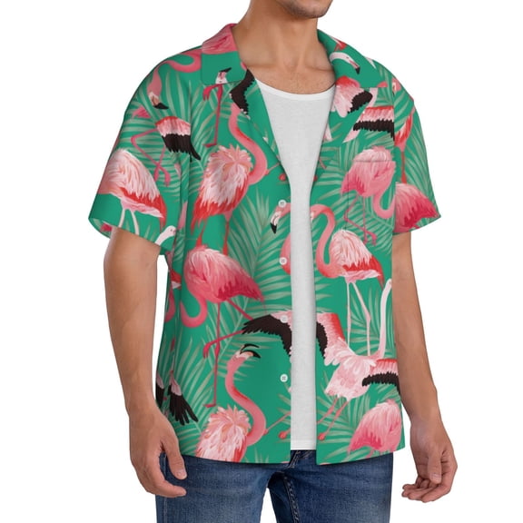 Picia Tropical Flamingo Men's Linen Shirts Short Sleeve Cuban Beach Shirts Casual Shirts Button Down Shirt for Men Beach Summer Wedding Shirt-3X-Large