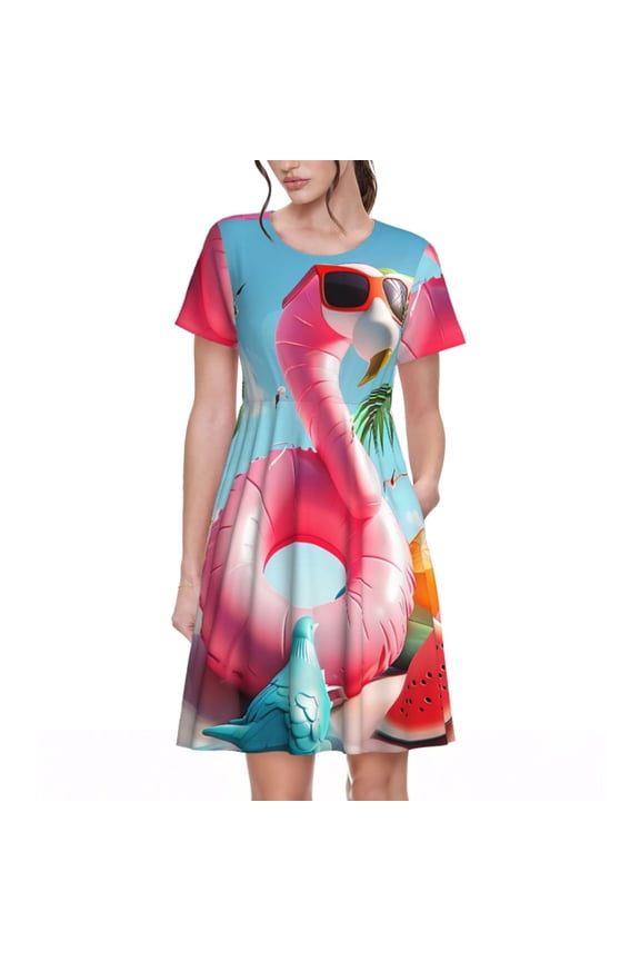 Tropical Flamingo Pool Float Pattern Women's Short Sleeve Summer Dress Pleated Loose Swing Knee Length Short Sleeve Swing Dresses