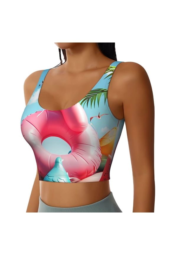 Tropical Flamingo Pool Float Sports Bra for Women,Padded Strappy Sports Bras Medium Support Yoga Bra with Removable Cups,Running Yoga Bra-Small