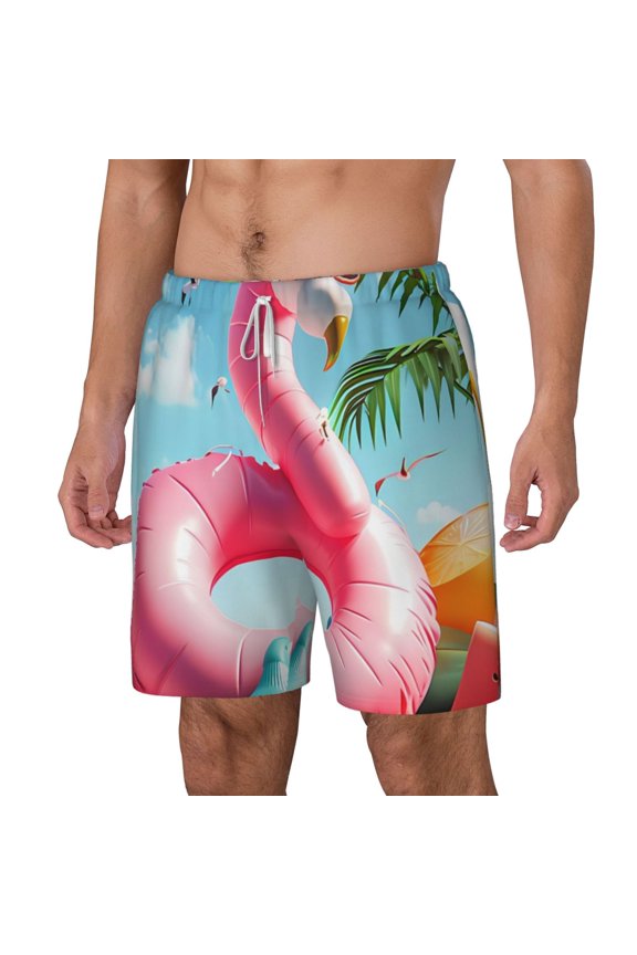 Tropical Flamingo Pool Float pattern Mens Swim Trunks with Compression Liner Stretch Beach Shorts Quick Dry with Zipper Pockets No-Chafing Board Shorts-Small