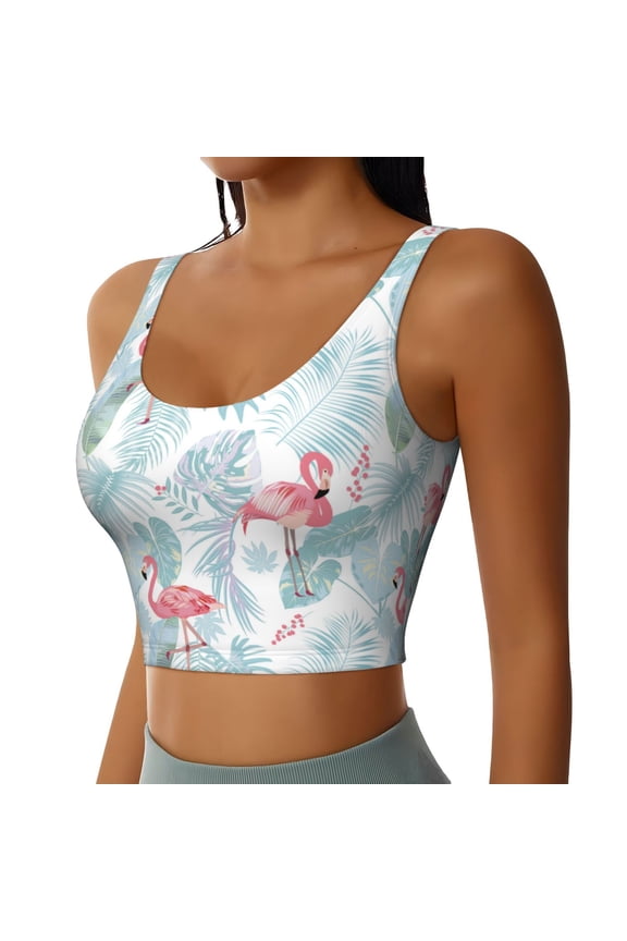 Tropical Flamingo Sports Bra for Women,Padded Strappy Sports Bras Medium Support Yoga Bra with Removable Cups,Running Yoga Bra-Medium